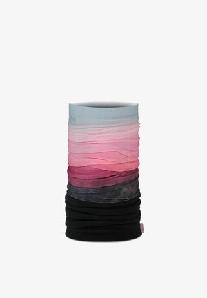 Multifunktionales Tuch aus weichem Stoff, mit einem Farbverlauf von Hellblau zu Pink, der in dunkle Töne übergeht, mit einem schwarzen Boden.