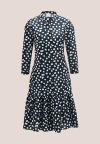 Marineblaues Kleid mit weißem Punktmuster, durchgehend knöpfbare Vorderseite, langen Ärmeln und gerafftem Saum. Hergestellt aus leichtem Stoff.