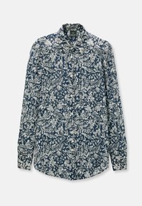 Marineblaue Hemd mit weißem Blumenmuster, langen Ärmeln, Knopfleiste und abgerundetem Saum. Hergestellt aus leichtem Stoff.