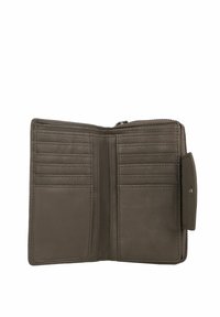 Grijze leren portemonnee met meerdere kaarthouders, een vak met ritssluiting en een drukknoopsluiting. Getextureerde binnenkant, minimalistisch ontwerp.