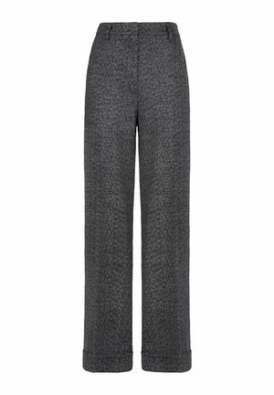 Pantalons à motif chevrons gris avec une silhouette à jambes larges, présentant une taille plate et des revers roulés, fabriqués à partir d'un tissu texturé.