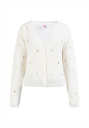 Cardigan bianco con scollo a V, caratterizzato da una texture morbida e motivi a cuore dorati, chiusura con bottoni e maniche e orlo a costine.