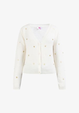 Cardigan bianco con scollo a V, caratterizzato da una texture morbida e motivi a cuore dorati, chiusura con bottoni e maniche e orlo a costine.