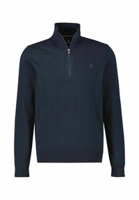 Granatowy sweter z zamkiem na ćwiartkę, wykonany z miękkiej tkaniny, z prążkowanym kołnierzem i mankietami. Z małym logo na piersi, minimalistyczny design.