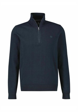 Marineblauer Pullover mit Viertel-Reißverschluss aus weichem Stoff, mit geripptem Kragen und Bündchen. Verfügt über ein kleines Logo auf der Brust, minimalistisches Design.