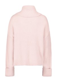 Rosa übergroßer Pullover mit hohem, geripptem Kragen, überschnittenen Schultern und gerippten Bündchen. Hergestellt aus einem weichen, strukturierten Strickstoff.