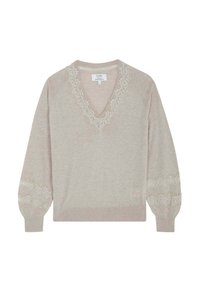 Maglione grigio chiaro con scollatura a V, dettagli in pizzo su scollatura e maniche, e vestibilità rilassata. Realizzato in materiale morbido con maniche lunghe.