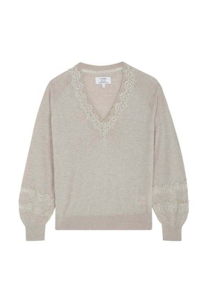Lichtgrijze trui met een V-hals, kantdetails op de halslijn en mouwen, en een relaxte pasvorm. Gemaakt van zachte stof met lange mouwen.