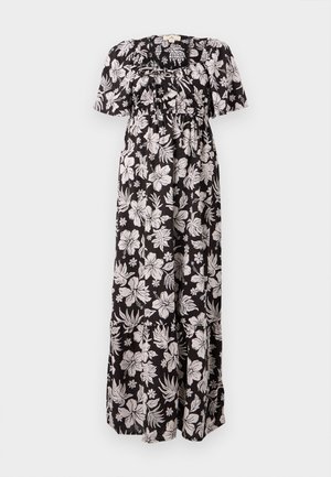 Vestido negro con estampado floral en blanco, que presenta mangas cortas abullonadas, un escote fruncido y una silueta fluida hasta los tobillos.