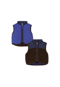 Vändbar väst med en blå vattentålig utsida och innervärme i brun fleece. Hög krage, framzipper och detaljer med kontrasterande trim.