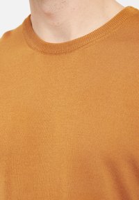 Pullover aus gestricktem Stoff in verbranntem Orange mit Rundhalsausschnitt, glatter Textur und geripptem Kragen, Nahaufnahme des Stoffes.