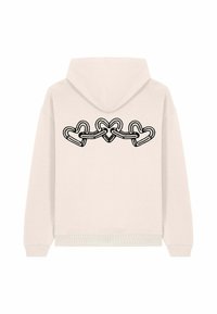 Hoodie beige chiaro con una grafica nera sul retro di catene a forma di cuore interconnesse. Presenta un cappuccio con coulisse e polsini a costine.