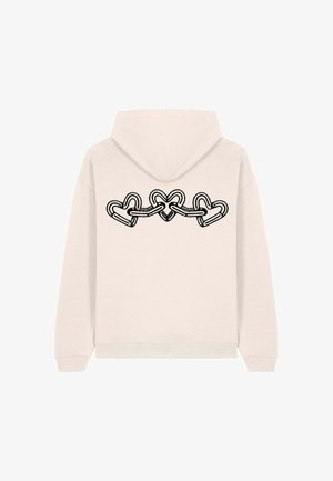 Hoddie beige clair avec un graphisme noir à l'arrière représentant des chaînes en forme de cœur entrelacées. Comprend une capuche avec cordon et des poignets côtelés.