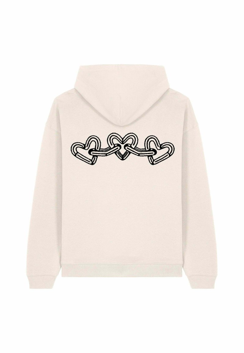 Hoodie beige chiaro con una grafica nera sul retro di catene a forma di cuore interconnesse. Presenta un cappuccio con coulisse e polsini a costine.