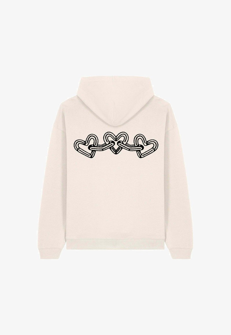 Hoodie beige chiaro con una grafica nera sul retro di catene a forma di cuore interconnesse. Presenta un cappuccio con coulisse e polsini a costine.