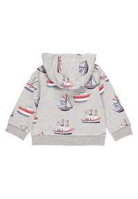 Gray hoodie featuring a boat print in red and blue, with a front pocket and a lined hood. Ribbed cuffs and hem in matching gray.
