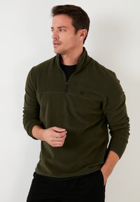 Pullover in pile verde oliva con collo a zip quarti, maniche lunghe e un logo discreto sul petto, caratterizzato da una texture liscia.