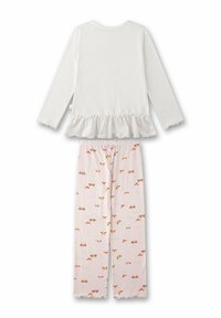 Set di pigiama a due pezzi: top bianco a maniche lunghe con orlo arricciato e pantaloni a righe rosa con motivo floreale arancione e giallo.