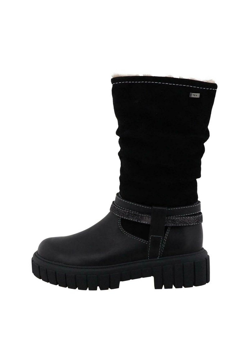 Schwarze kniebhohe Stiefel mit einem eleganten Ledereinsatz, einem strukturierten schwarzen Wildleder-Oberteil, einer dicken Gummisohle und einem dekorativen Riemen.