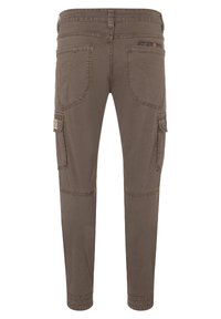 Slim-fit, cargo-style pants in a muted brown color. Made of cotton with reinforced knees, featuring multiple pockets and a stitched texture.