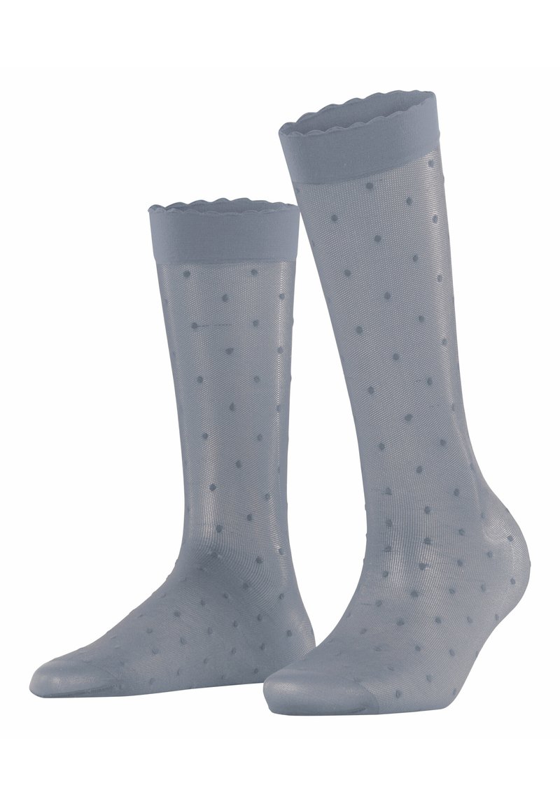 Himmelblaue, knielange Socken mit gewelltem Oberteil, aus transparentem Material mit erhabenen Punkten.