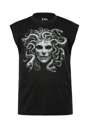 Maglietta senza maniche nera in cotone con una grafica bianca di un teschio circondato da serpenti, che offre un design audace e intricato.