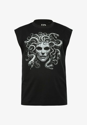 Zwarte mouwloze T-shirt van katoen met een witte afbeelding van een schedel omringd door slangen, met een gedurfde, complexe uitstraling.