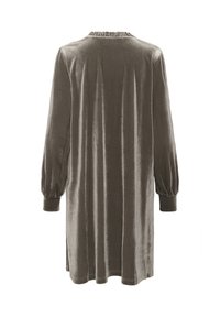 Langärmliges, knielanges Samtkleid in gedecktem Taupe mit gerafften Manschetten und leicht gerafftem Ausschnitt, von hinten gezeigt.