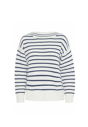 Pull rayé en blanc et marine. Texture tricotée, col rond, et poignets et ourlet côtelés. Coupe ample avec des manches longues.