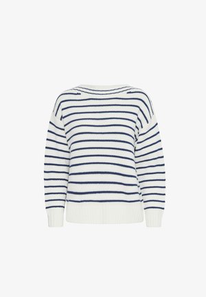 Triibuline sviiter valge ja tumesinisega. Kootud tekstuur, ümmargune kaelus ning soonikservadega varrukad ja põhi. Lahtine lõige pika varrukaga.