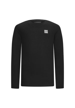 T-shirt noir à manches longues avec col rond et petit logo rectangulaire en patch sur la partie supérieure gauche de la poitrine.