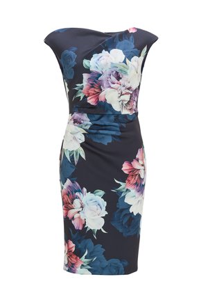 Floral dress features a fitted silhouette with a dark navy background, adorned with large pink and white floral prints and cap sleeves.