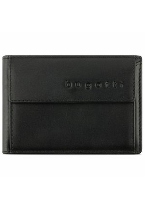 Black leather wallet with embossed logo, slim design, and smooth texture. Features a flap closure and detailed stitching.