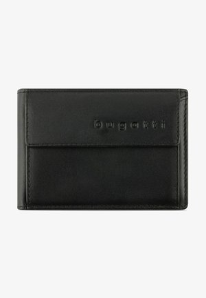 Black leather wallet with embossed logo, slim design, and smooth texture. Features a flap closure and detailed stitching.
