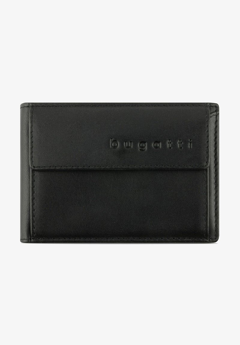 Black leather wallet with embossed logo, slim design, and smooth texture. Features a flap closure and detailed stitching.