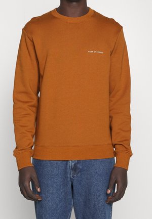 Homme portant un sweat-shirt Tiger of Sweden couleur rouille avec col rond et un jean bleu, debout devant un fond uni.