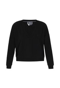Pull noir à col en V en tissu lisse, avec des manches longues, des poignets côtelés et un ourlet cropped. Design simple sans motifs visibles.