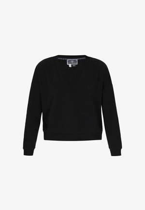 Maglione nero a V in tessuto morbido, con maniche lunghe, polsini a coste e orlo corto. Design semplice senza motivi visibili.