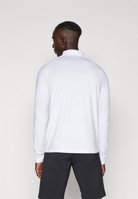 Hvit langermet polo med stående krage og raglanermer, kombinert med mørke shorts. Stoffet ser glatt og lett ut.