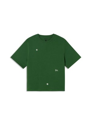 Green cotton t-shirt with a crew neck, short sleeves, and embroidered details including the word "SOL" and small floral motifs.