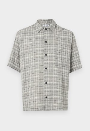 Short-sleeve button-up shirt with light gray and white checkered pattern and black buttons, displayed on a white background.