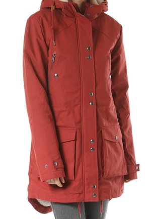 Red insulated parka with a hood, featuring a soft interior lining, multiple buttons and snaps, two front pockets, and adjustable drawstrings.