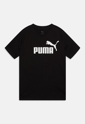 Fekete pamut, rövid ujjú póló, nagy fehér "PUMA" logóval és egy ugró puma grafikával. Kerek nyakú kialakítás, könnyű anyag.