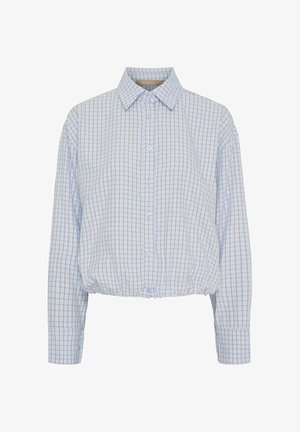 Lys blå skjorte med knapper og lange ærmer, brun- og hvidternet mønster samt elastisk, indsnøret kant.