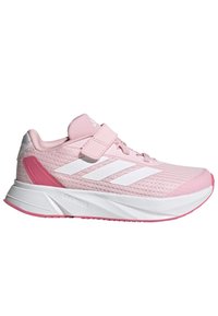 Scarpa sportiva di colore rosa chiaro con tomaia in rete, dettagli bianchi, una fascia a strappo e una suola bianca ammortizzata. Dettagli in tessuto testurizzato.