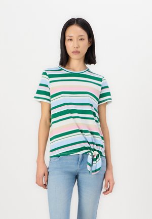 Striped t-shirt featuring green, pink, and blue horizontal lines. Cotton fabric, round neckline, and front knot detail. Worn with light blue jeans.