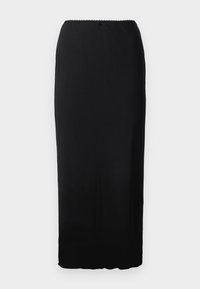 Juoda, iki grindų siekianti ilga sijonas, pagamintas iš lygaus audinio. Turi paprastą dizainą su elastingu juosmeniu ir subtiliu banguotu apdailu viršuje.