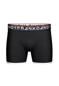 Svarta boxertrosor med vit kant och en röd och svart logoband med texten "FRANK DANDY" i en stiliserad font. Slät textur.