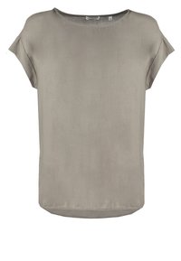 Blouse gris clair à manches courtes avec un col rond et un ourlet légèrement incurvé, présentée sur fond blanc.