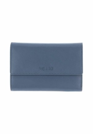 Portefeuille en cuir bleu à texture lisse, de forme rectangulaire avec des bords cousus. Présente le nom de la marque "PICARD" embossé sur le devant.